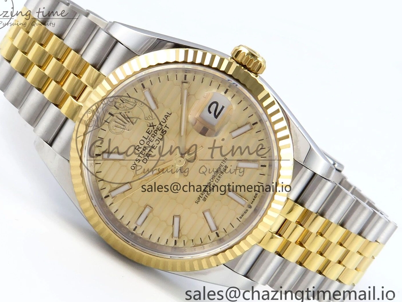 Best Stick YG 126233 EWEF SS on Textured Jubilee A3235 Bracelet 36 Marker YG Edition DateJust Dial 0510